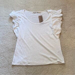NWT Michael Stars Denise Scoop Neck White Ruffle Sleeve Tee in Chalk